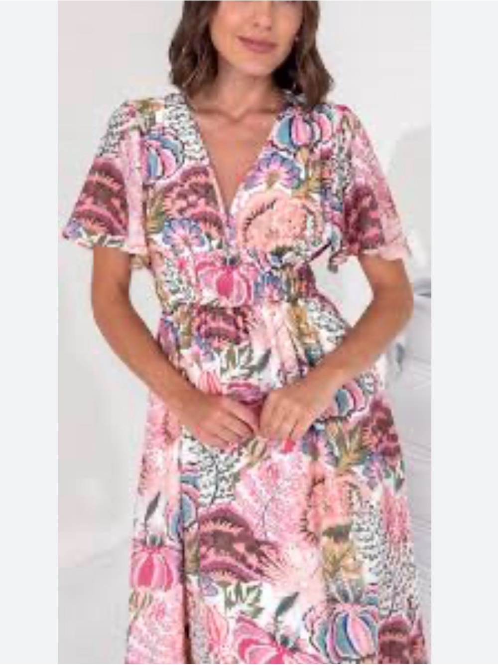 Floral Pink V-Neck Midi Dress with Elastic Waist - Salty Crush Australian brand